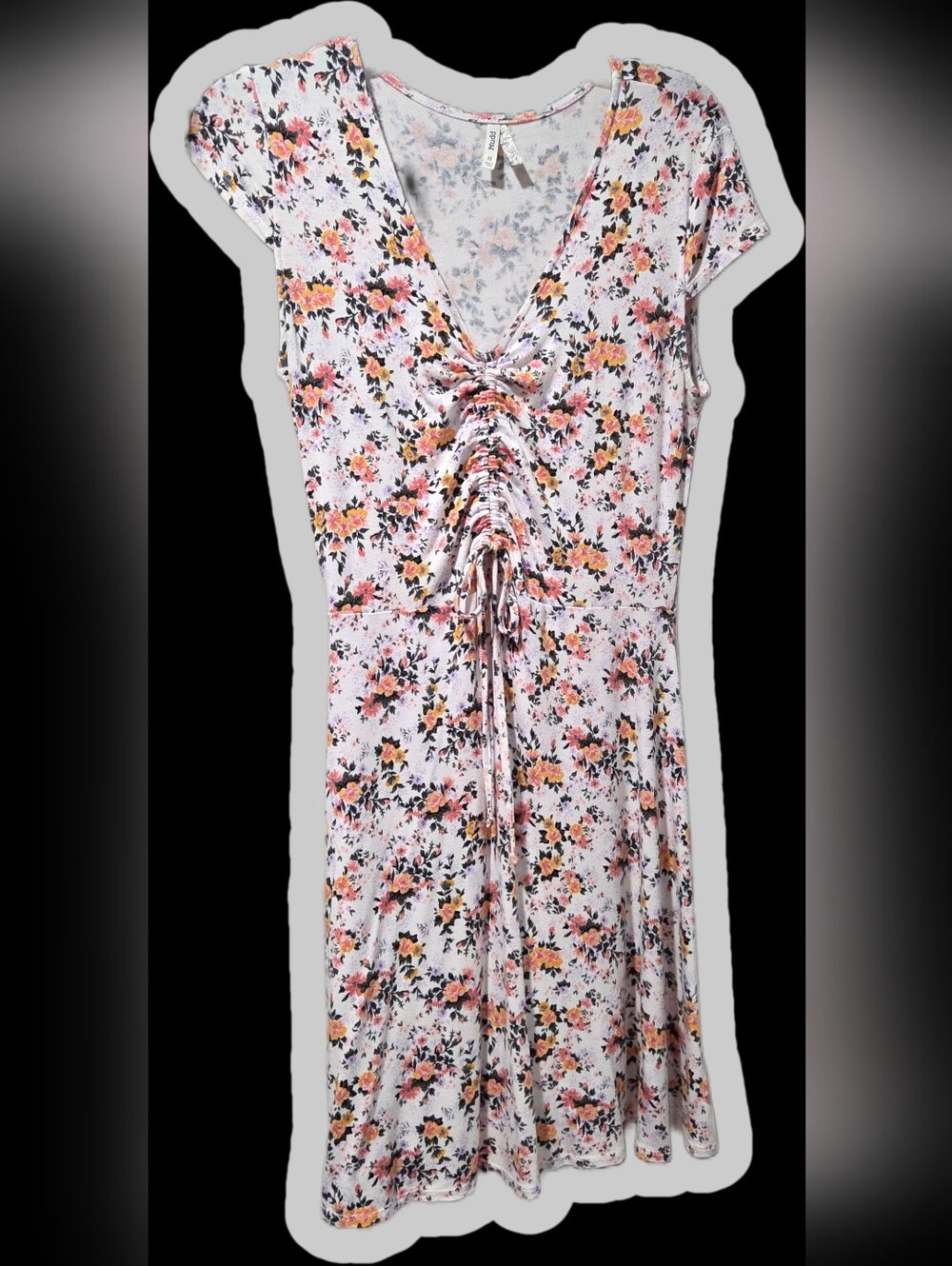 Mudd White Floral Ruched V-neck Deess with Pink & Yellow Flowers